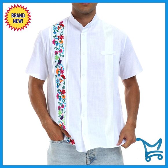 Other - Men's Embroidered Cotton Cuban Shirt Summer Short Sleeve Button Down